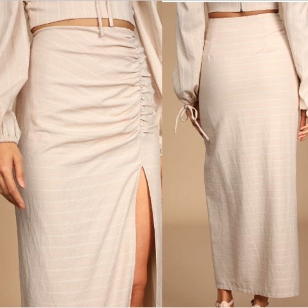 Lulus Women's Beige Striped Ruched Midi Skirt